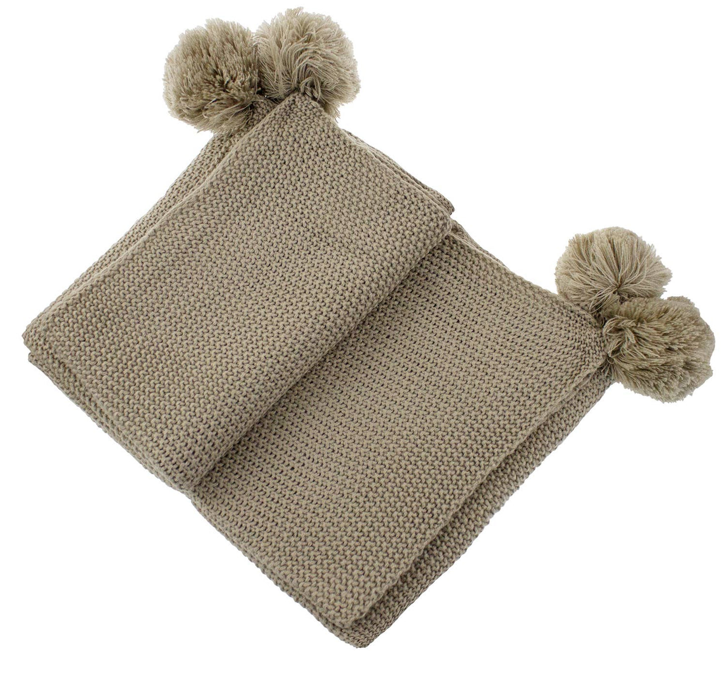 Khaki Chunky Knit Pom Pom Throw Blanket