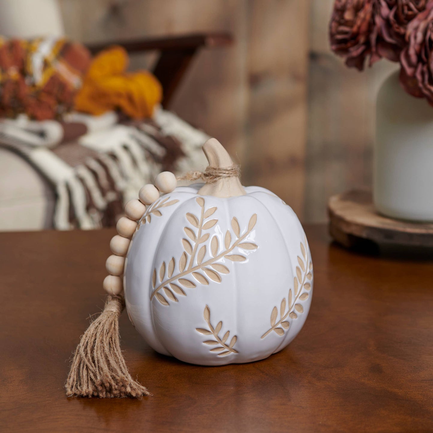 Small White Leaves Ceramic Pumpkin