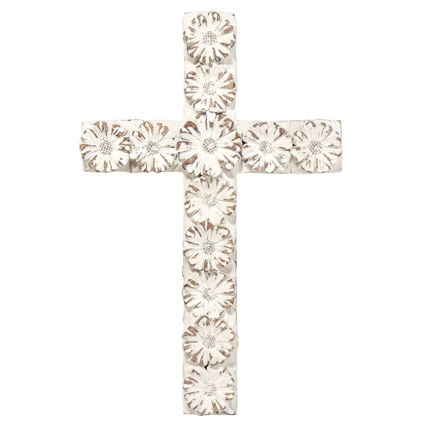 WHITE FLORAL RESIN WALL CROSS 10"