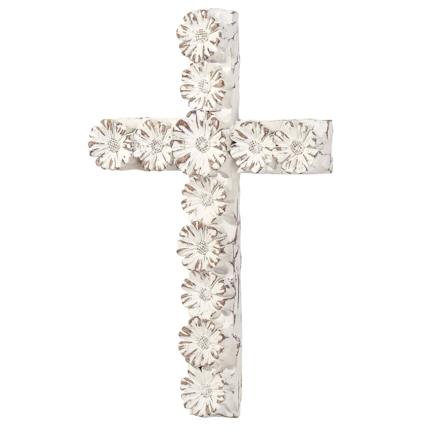 WHITE FLORAL RESIN WALL CROSS 10"