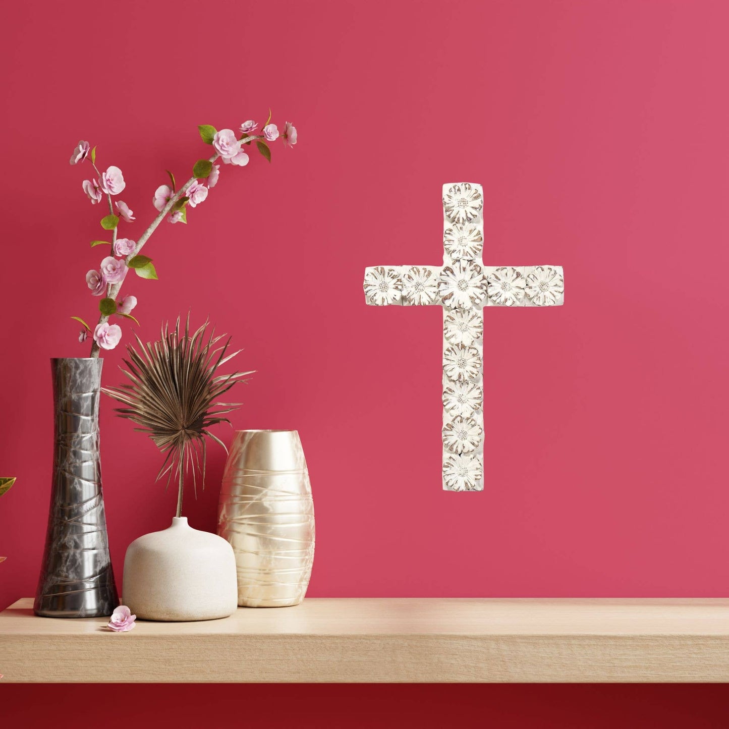 WHITE FLORAL RESIN WALL CROSS 10"