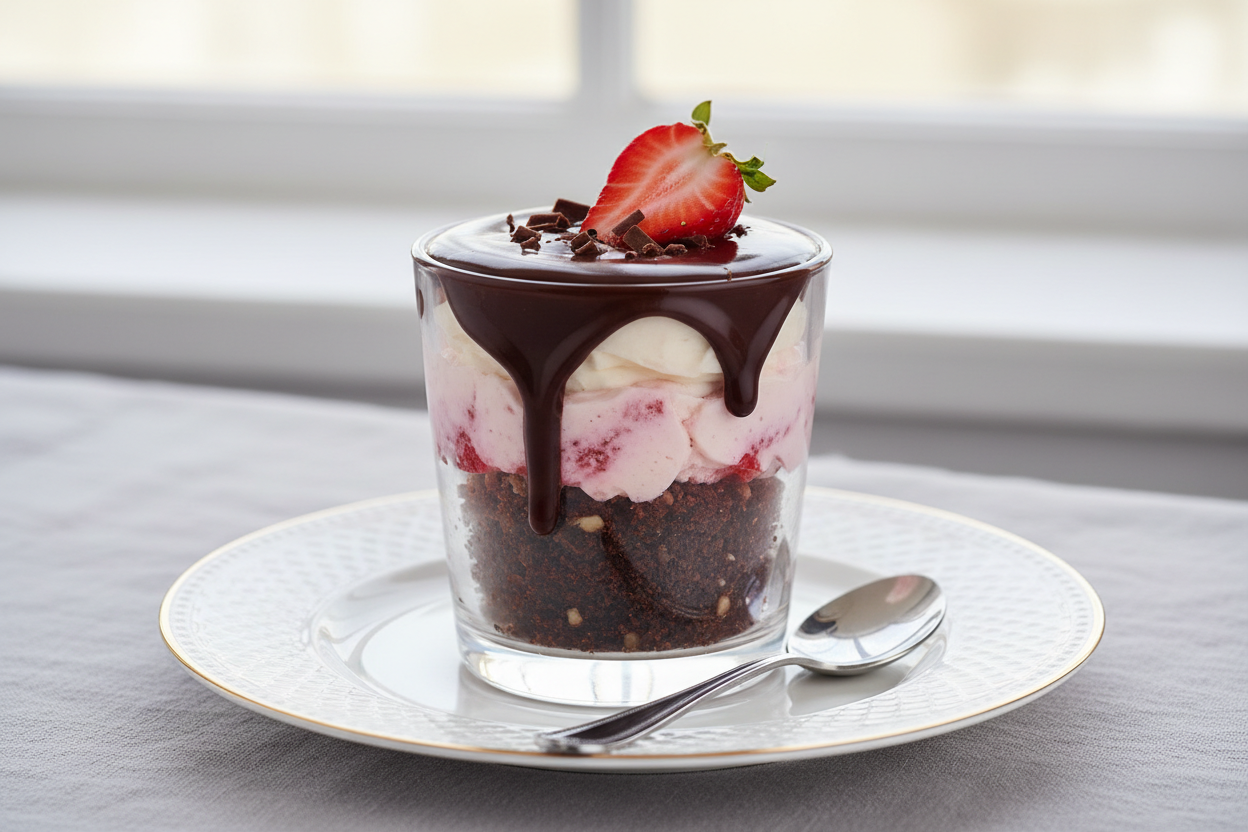 brownie truffle layered with strawberry cheesecake and chocolate ganache