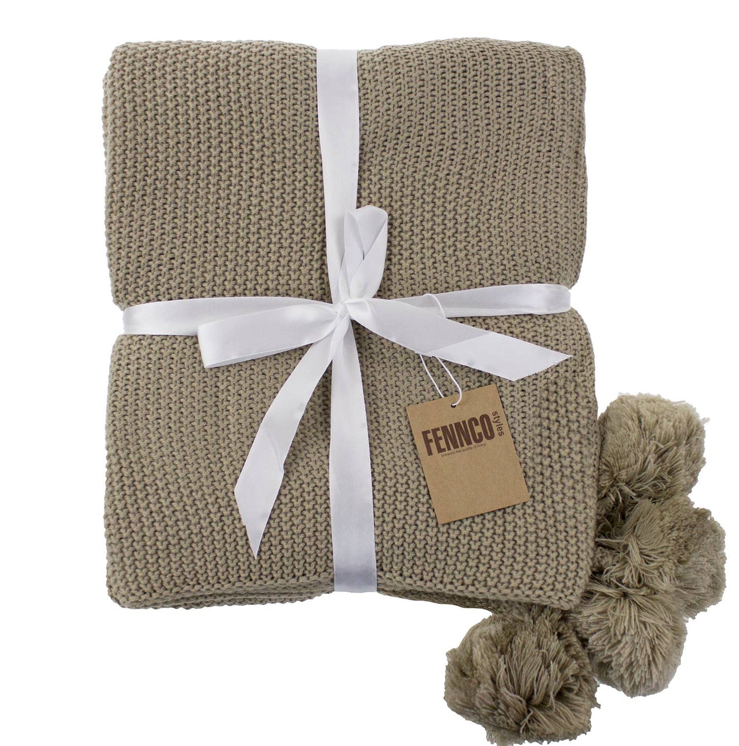Khaki Chunky Knit Pom Pom Throw Blanket