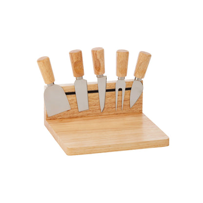 Rubberwood Magnetic Cheese Board Set with 5 Cheese Knives