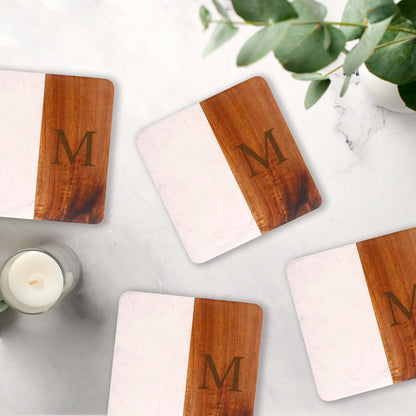 Set Of 4 White Marble and Acacia Wood  4" Square Coasters
