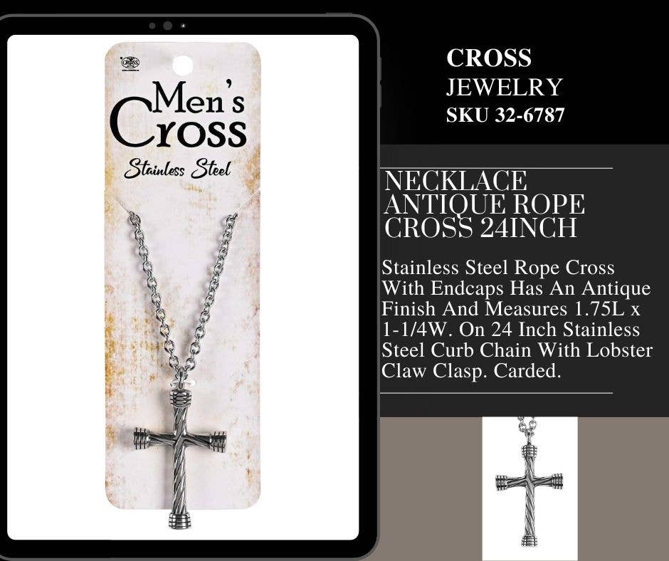 Necklace Antique Rope Cross 24Inch