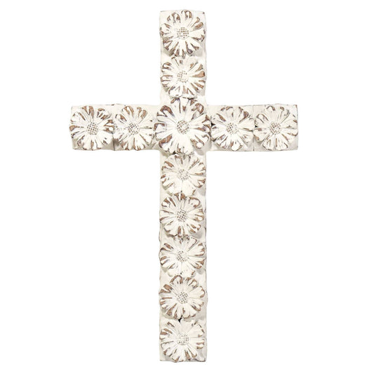 WHITE FLORAL RESIN WALL CROSS 10"