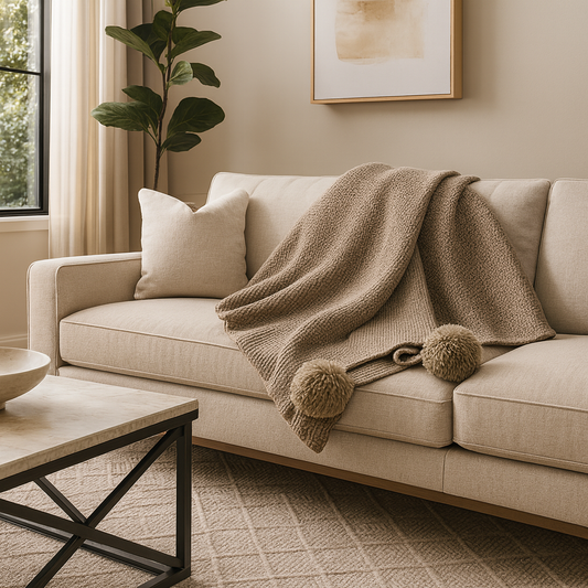 Khaki Chunky Knit Pom Pom Throw Blanket