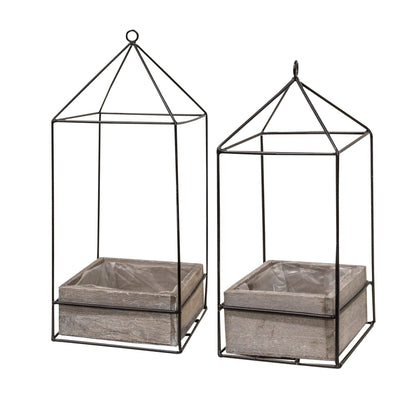 Wood Plant Holder With Metal Frame - Set of 2