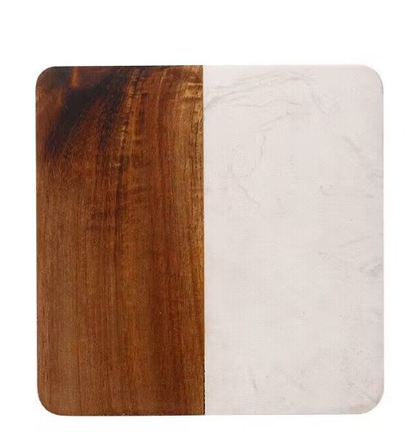 Set Of 4 White Marble and Acacia Wood  4" Square Coasters
