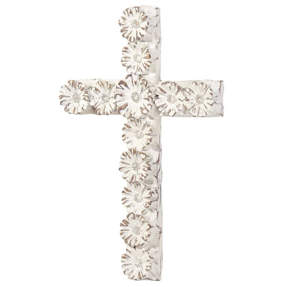 WHITE FLORAL RESIN WALL CROSS 10"