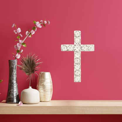 WHITE FLORAL RESIN WALL CROSS 10"