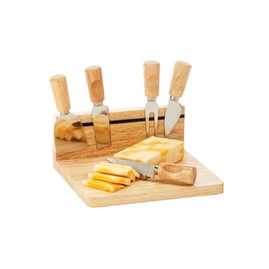 Rubberwood Magnetic Cheese Board Set with 5 Cheese Knives