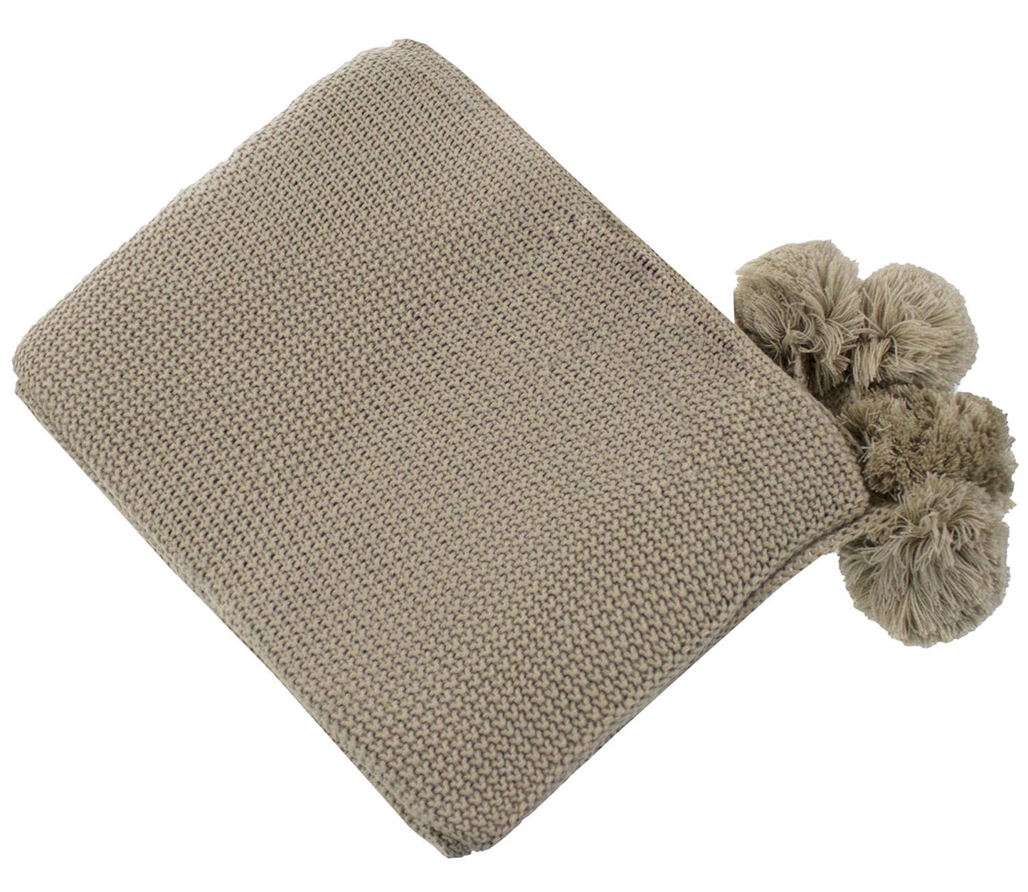 Khaki Chunky Knit Pom Pom Throw Blanket