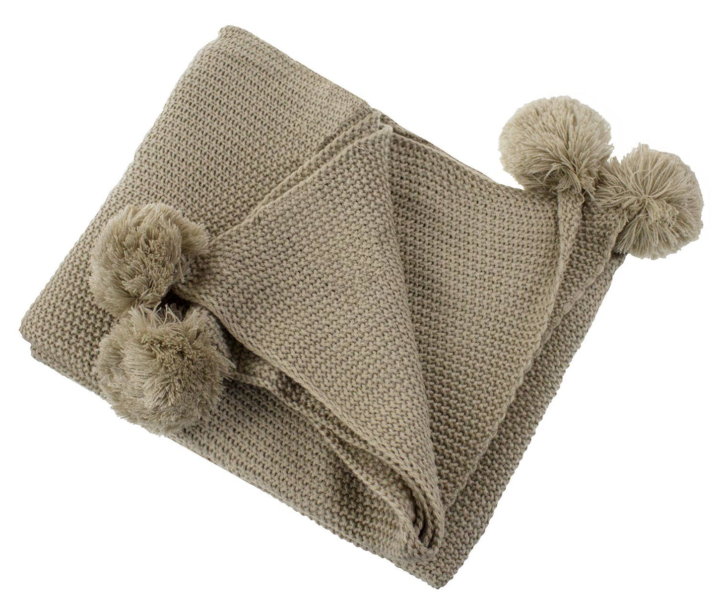 Khaki Chunky Knit Pom Pom Throw Blanket