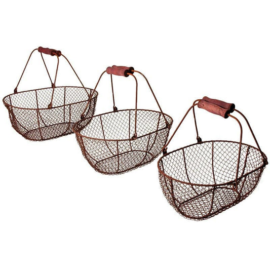 Oval Woven Wire Baskets, Metal/Wood