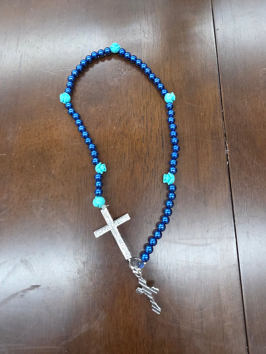 Silver Cross Rosary Bracelet With Blue Beads